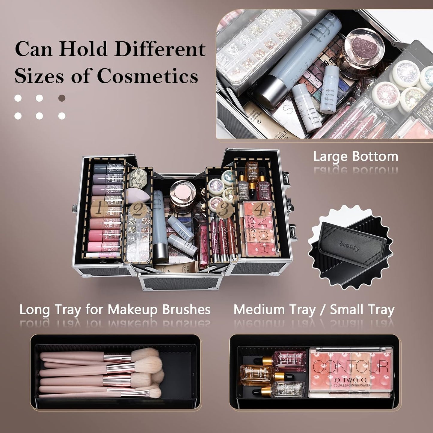 Makeup Train Case Cosmetic Organizer Case Professional Makeup Storage Box 4 Trays with Divider Lockable Travel Case Portable Travel Makeup Box for Makeup Artist, Carfter, Cosmetics Black