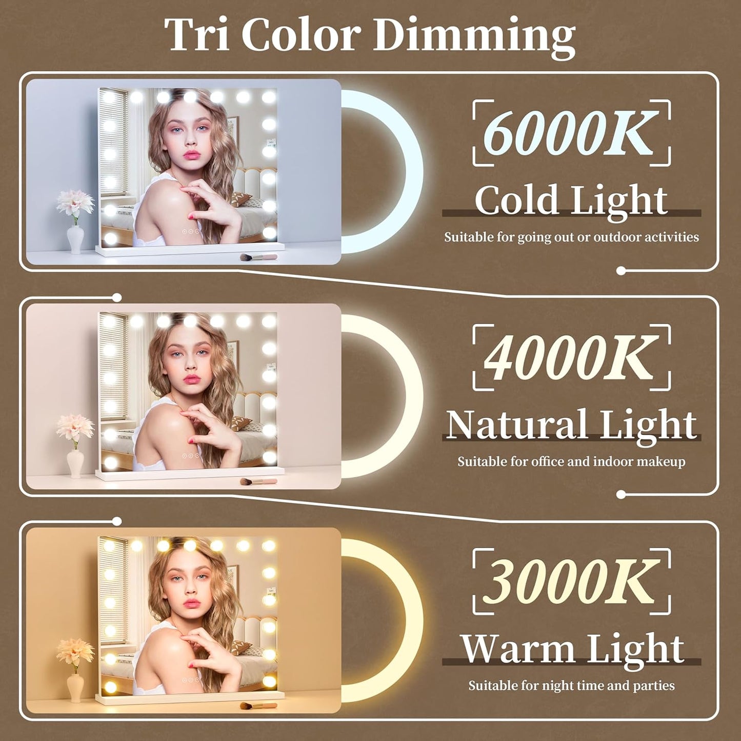 Vanity Mirror with Lights,Makeup Mirror with 17 Dimmable LED Bulbs, 3 Color Lighting Modes Detachable 10X Magnification Mirror Touch Control, 23.6X19,7 Inch, White