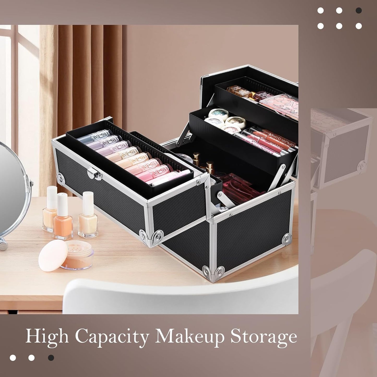 Makeup Train Case Cosmetic Organizer Case Professional Makeup Storage Box 4 Trays with Divider Lockable Travel Case Portable Travel Makeup Box for Makeup Artist, Carfter, Cosmetics Black