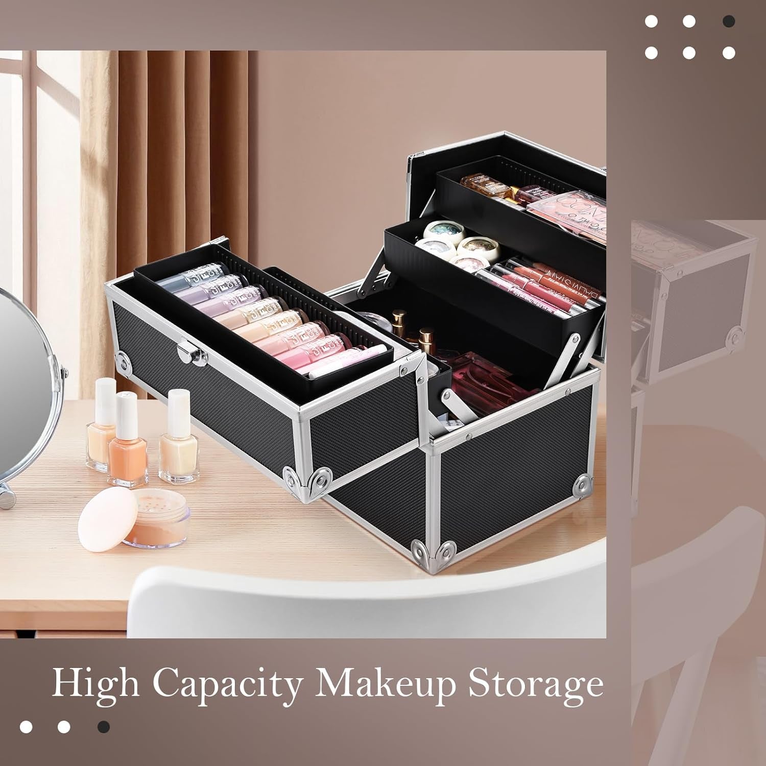 Makeup Train Case Cosmetic Organizer Case Professional Makeup Storage Box 4 Trays with Divider Lockable Travel Case Portable Travel Makeup Box for Makeup Artist, Carfter, Cosmetics Black