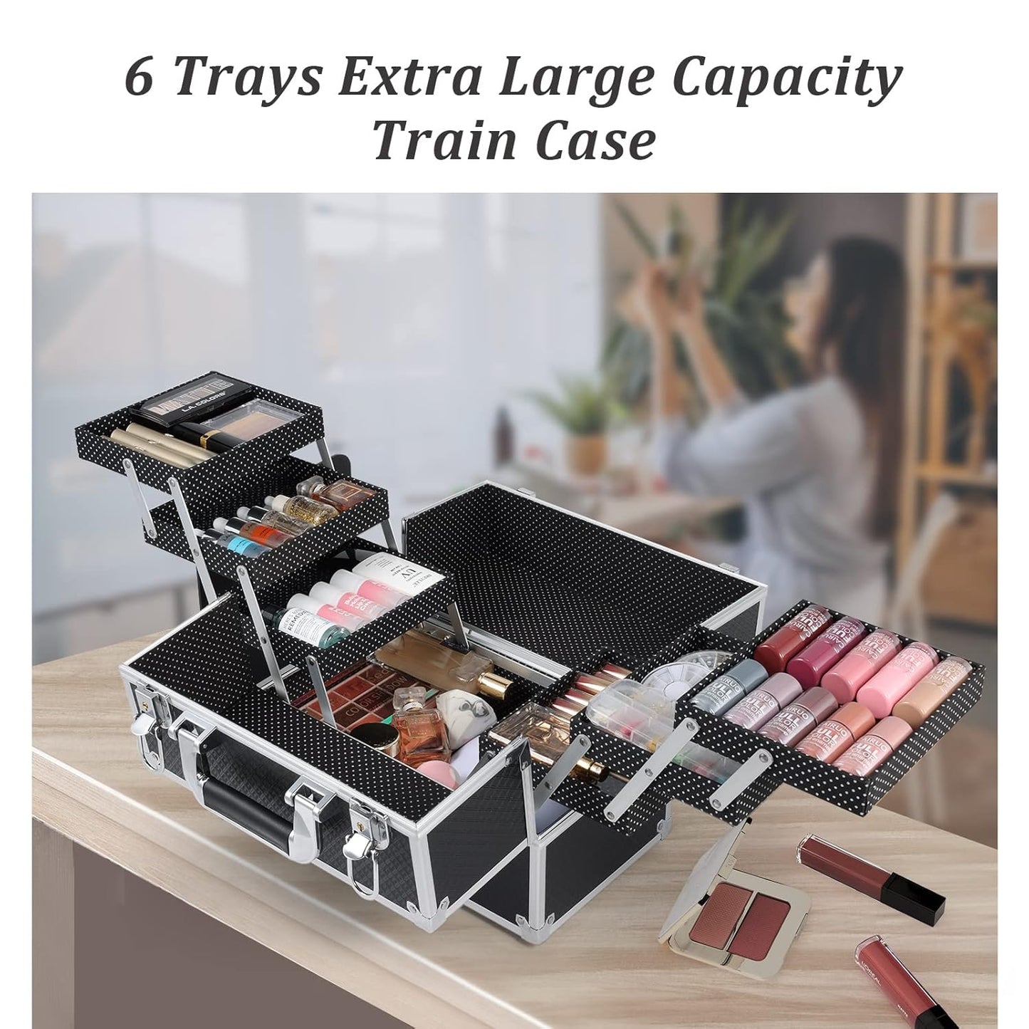 Makeup Train Case Makeup Case 11.8 Inch Large Cosmetic Box Organizer Travel Storage Professional Make up Train Carrying Case with 6 Trays Locking Hard Vanity Storage Black