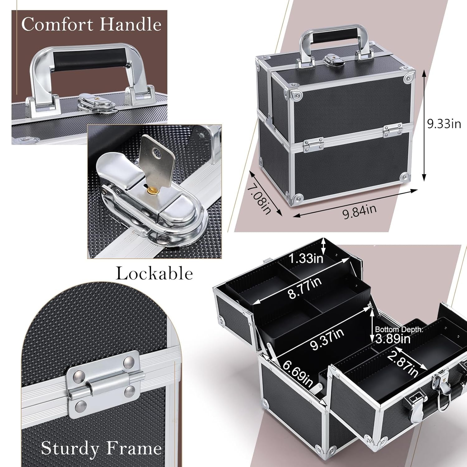 Makeup Train Case Cosmetic Organizer Case Professional Makeup Storage Box 4 Trays with Divider Lockable Travel Case Portable Travel Makeup Box for Makeup Artist, Carfter, Cosmetics Black